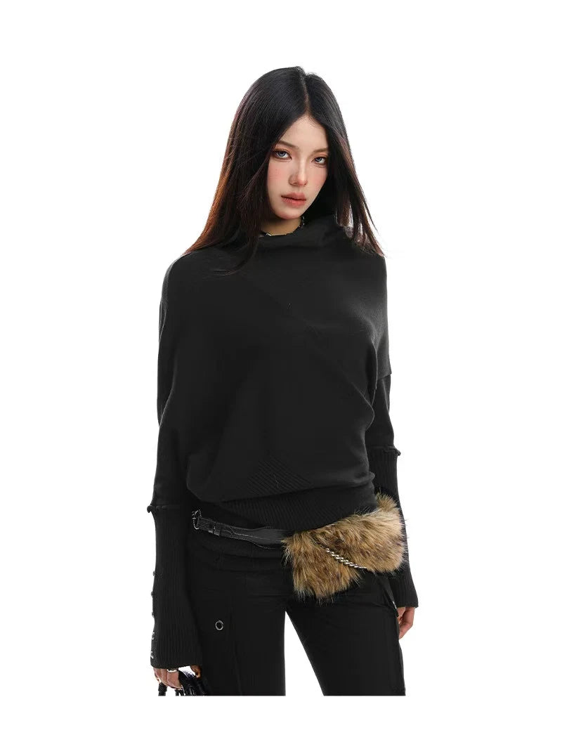 Asymmetric Mock Neck Batwing Top   OL2111