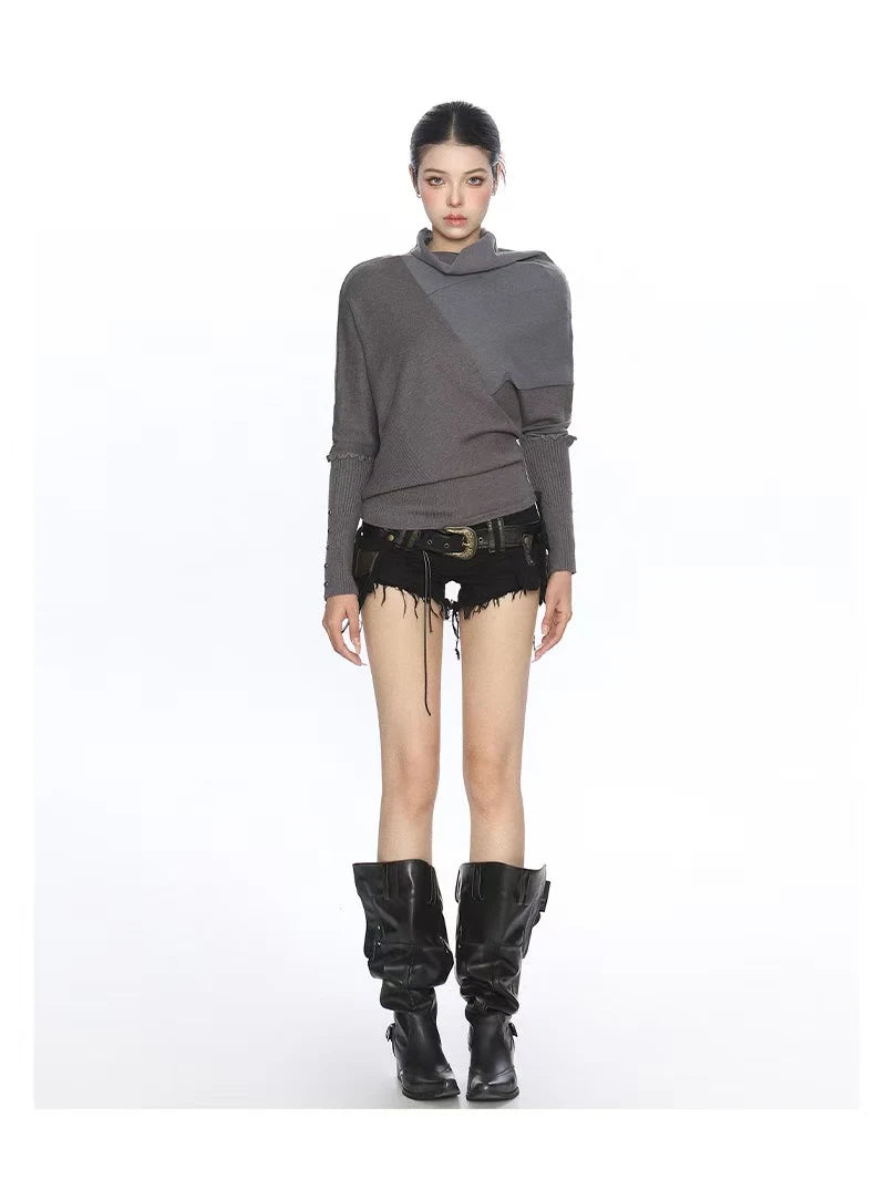 Asymmetric Mock Neck Batwing Top   OL2111