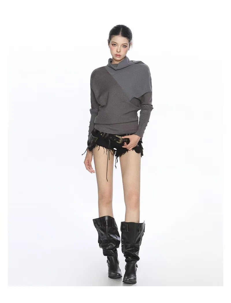 Asymmetric Mock Neck Batwing Top   OL2111