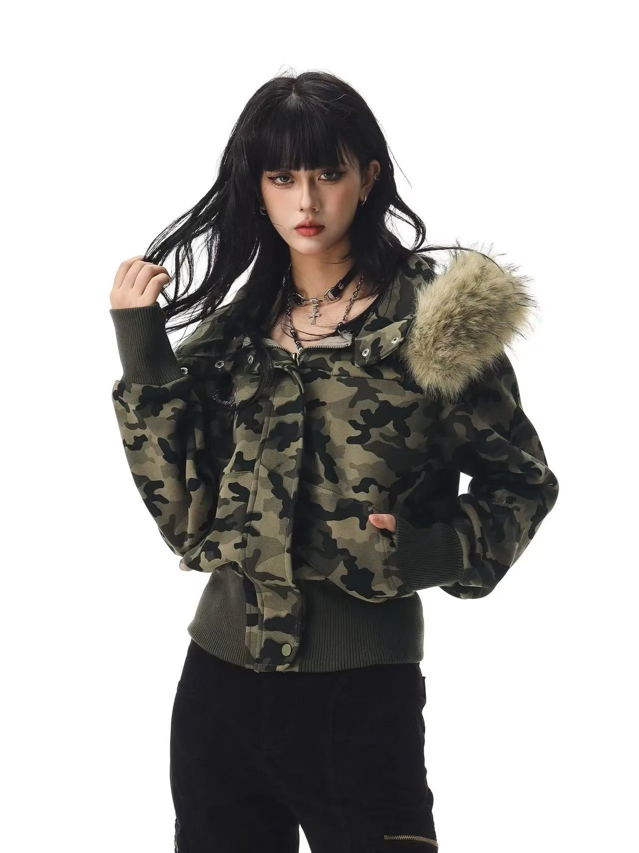 Retro Camouflage Hooded Short Jacket   oliviroa オリヴィオラ