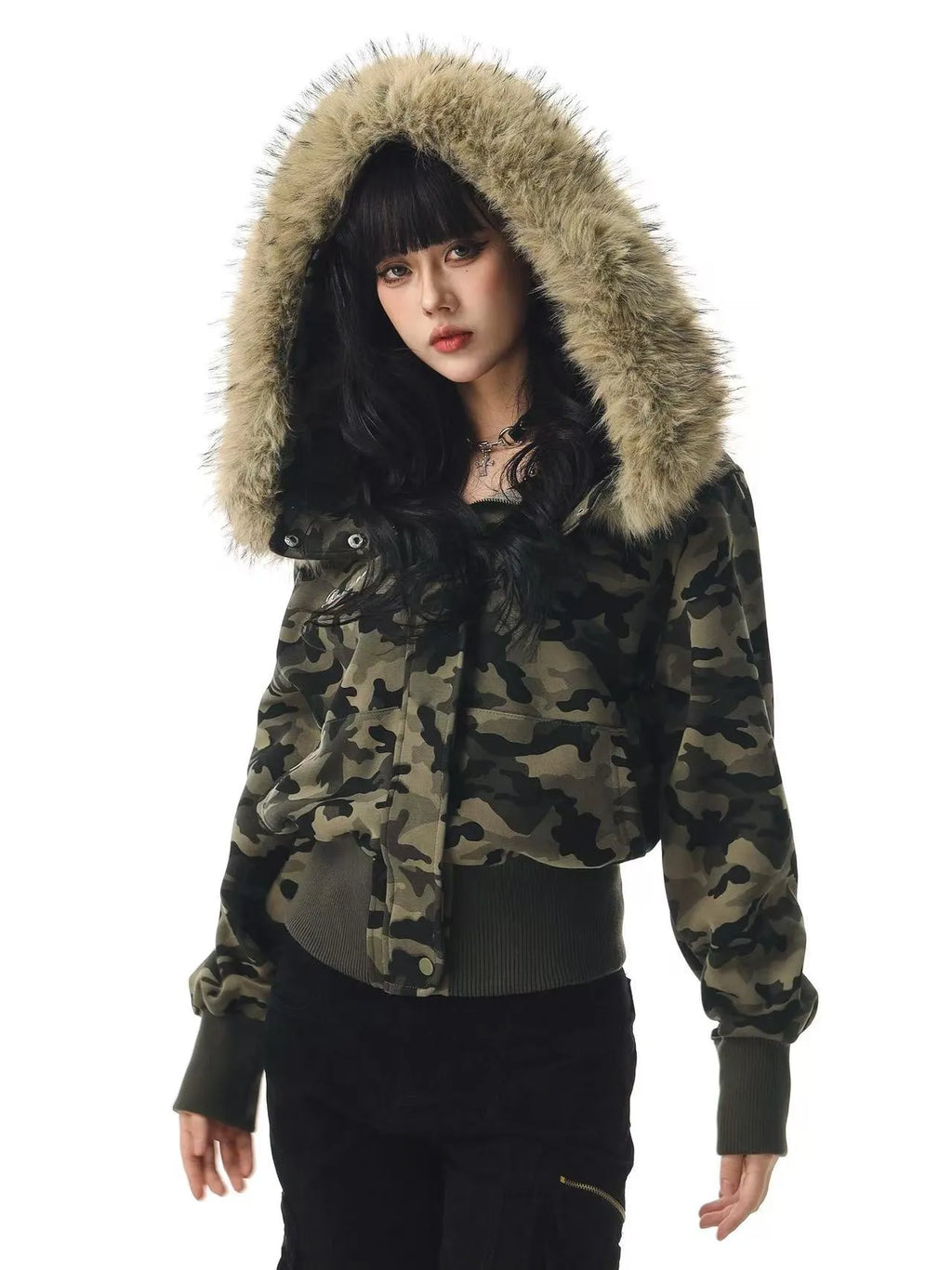 Retro Camouflage Hooded Short Jacket   OL2112