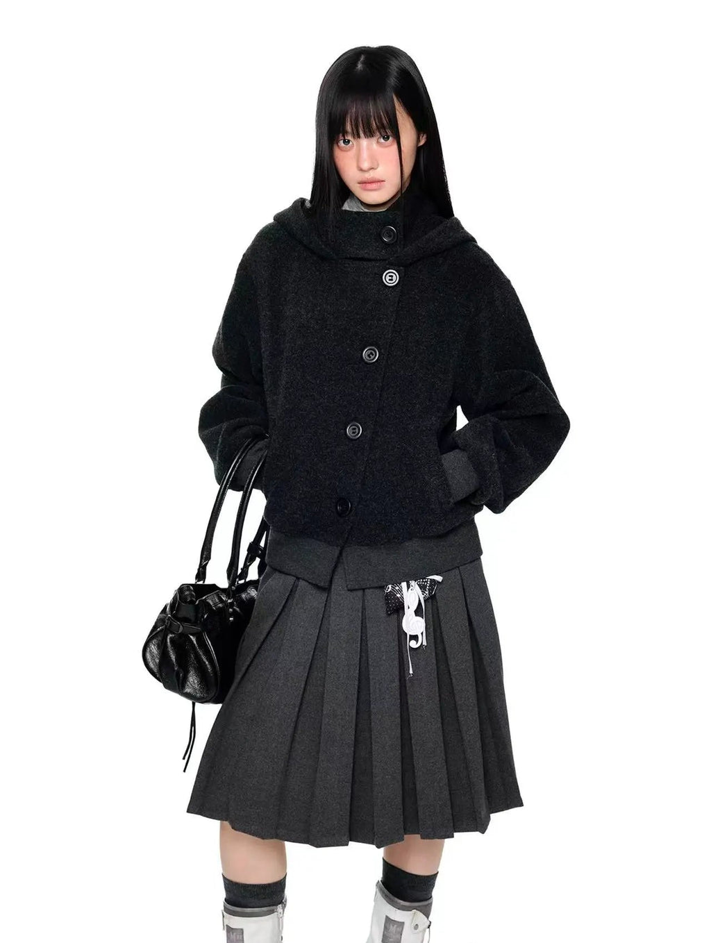 Plaid Buttoned Hooded Short Coat   OL2114