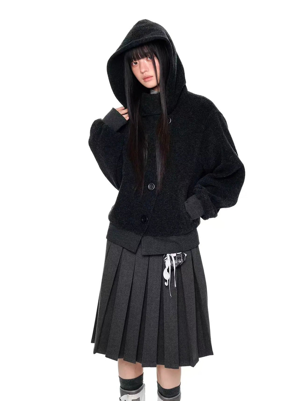 Plaid Buttoned Hooded Short Coat   OL2114