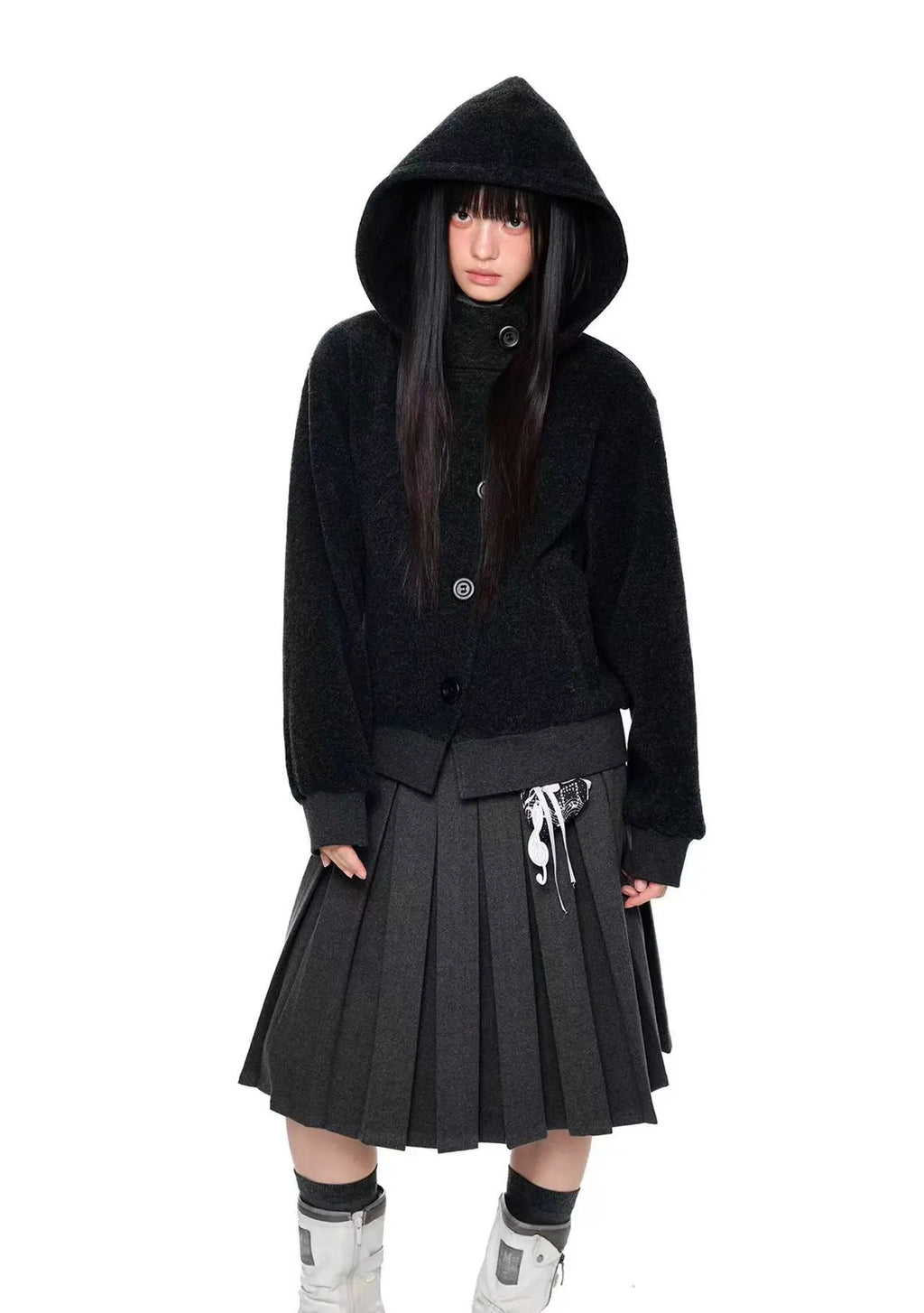 Plaid Buttoned Hooded Short Coat   OL2114