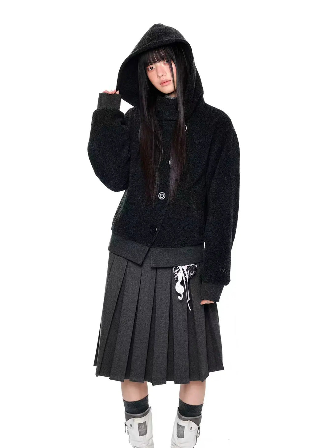 Plaid Buttoned Hooded Short Coat   OL2114