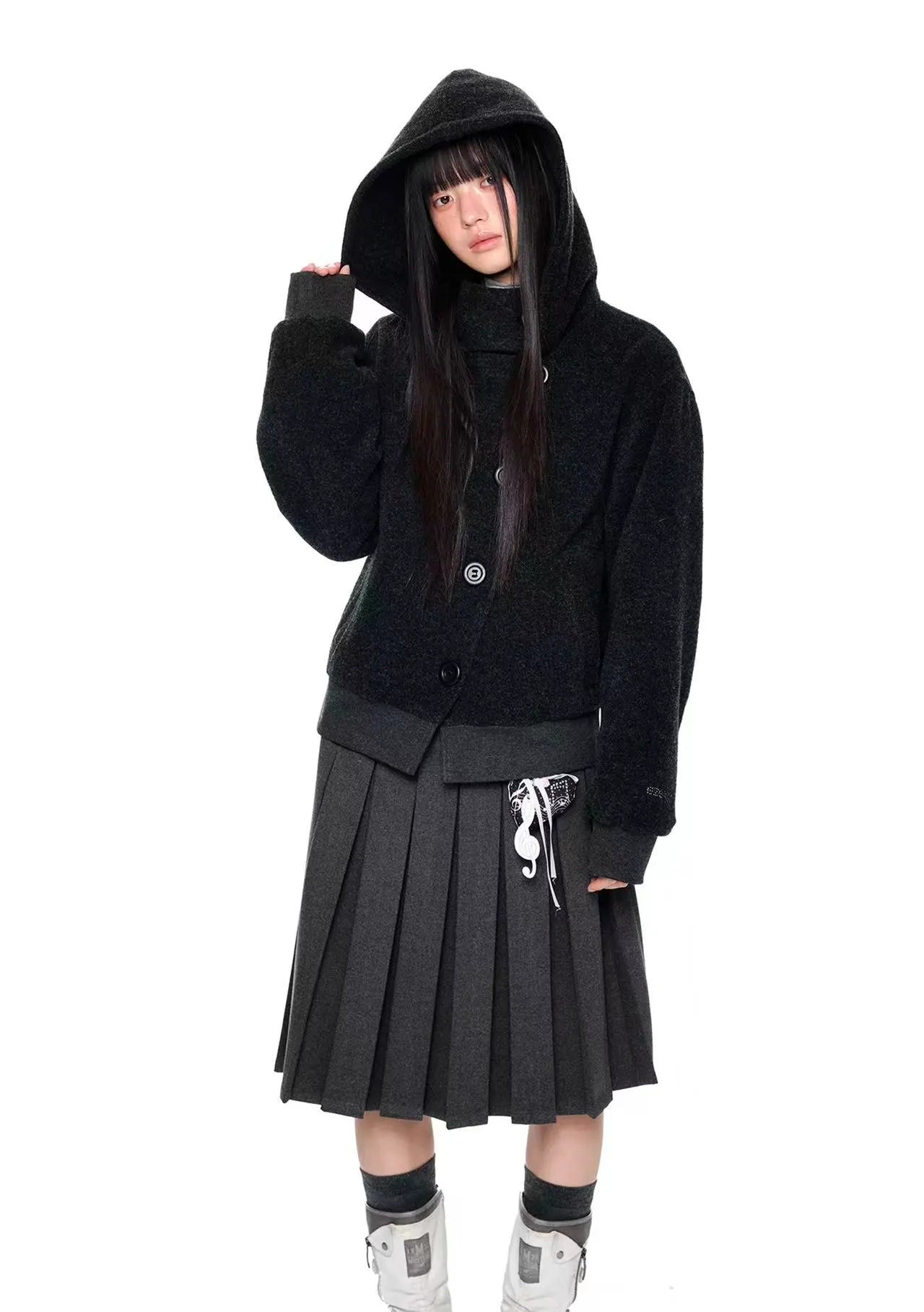 Plaid Buttoned Hooded Short Coat   OL2114