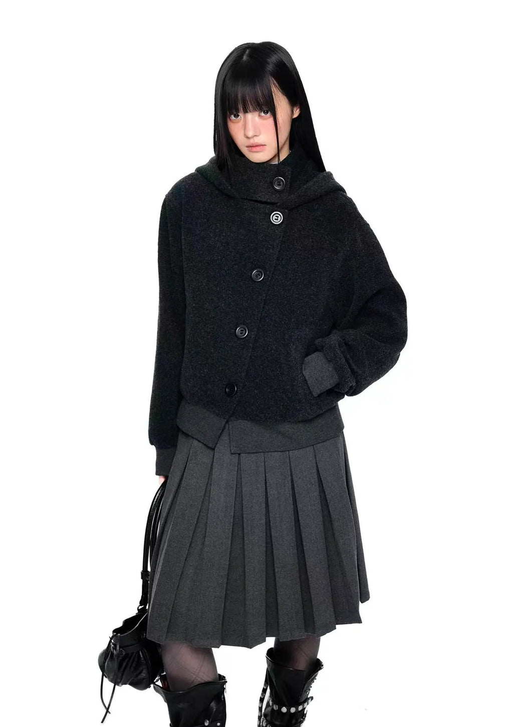 Plaid Buttoned Hooded Short Coat   OL2114