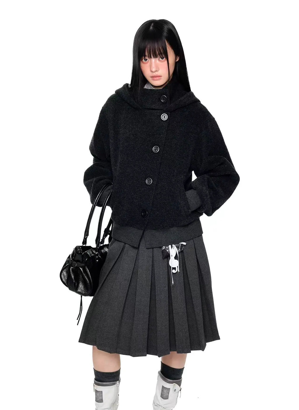 Plaid Buttoned Hooded Short Coat   OL2114