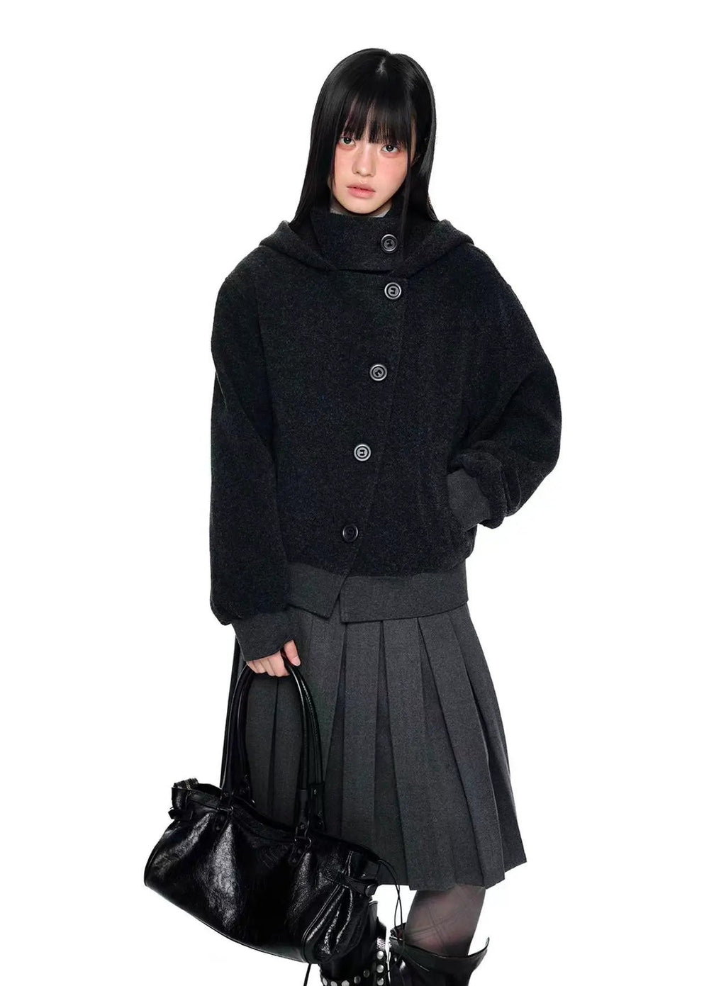 Plaid Buttoned Hooded Short Coat   OL2114