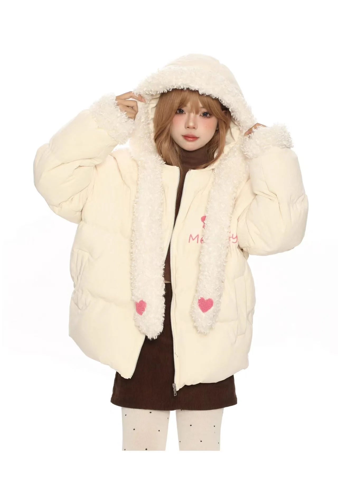 Sweet Faux Fur Scarf Hooded Puffer Jacket   OL2118