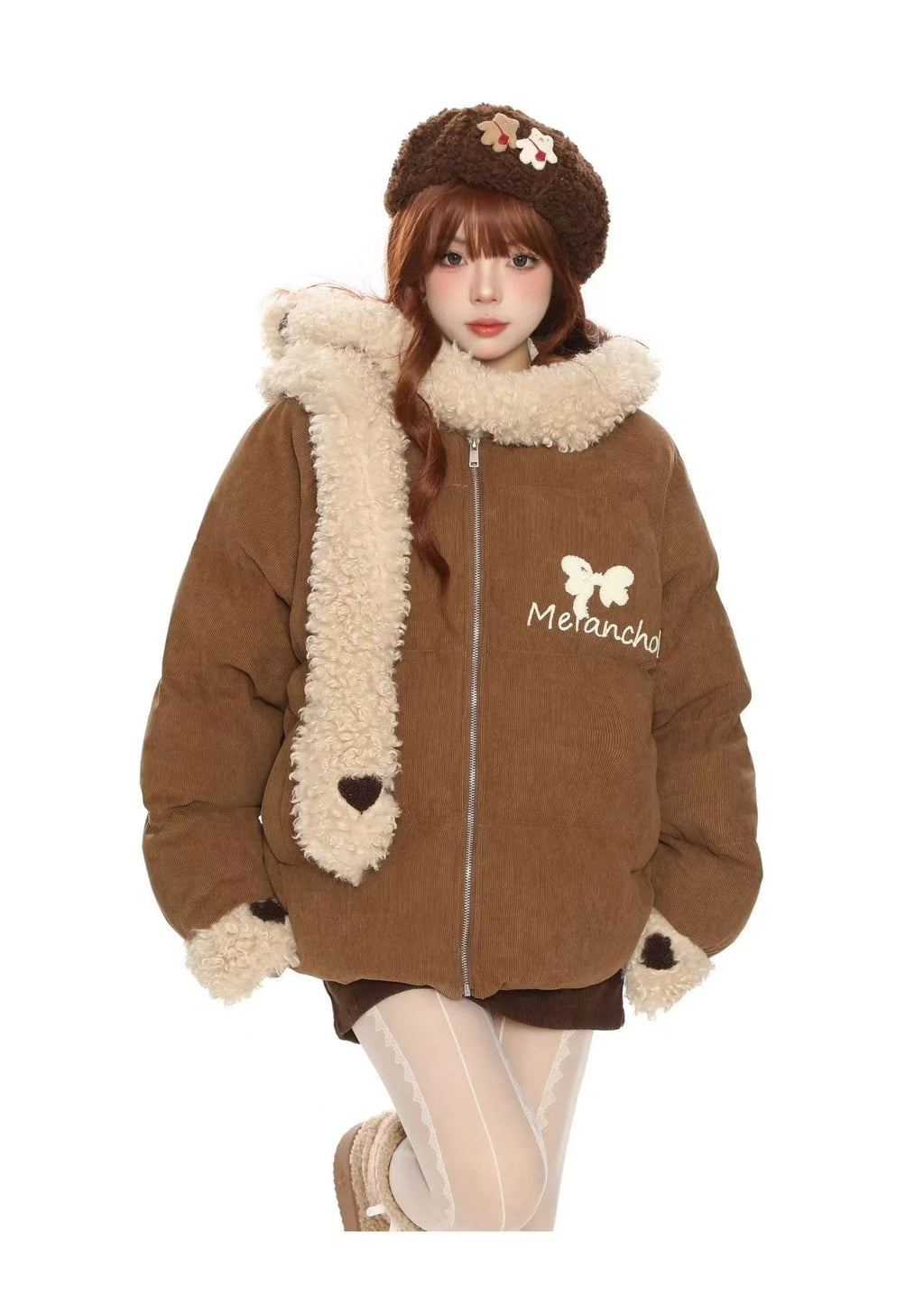 Sweet Faux Fur Scarf Hooded Puffer Jacket   oliviroa オリヴィオラ