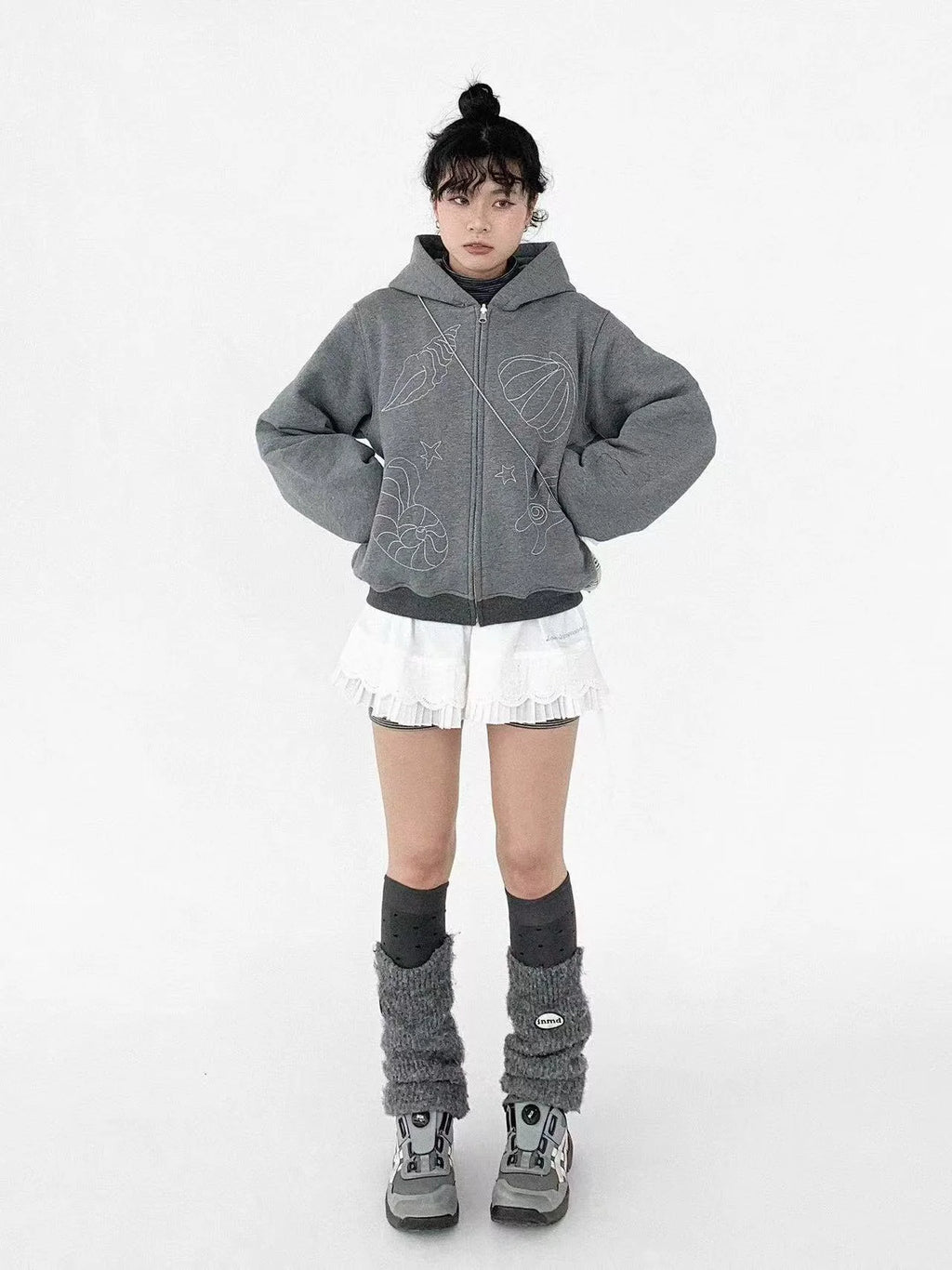 Minimal Embroidered Hooded Zip Cardigan   oliviroa オリヴィオラ