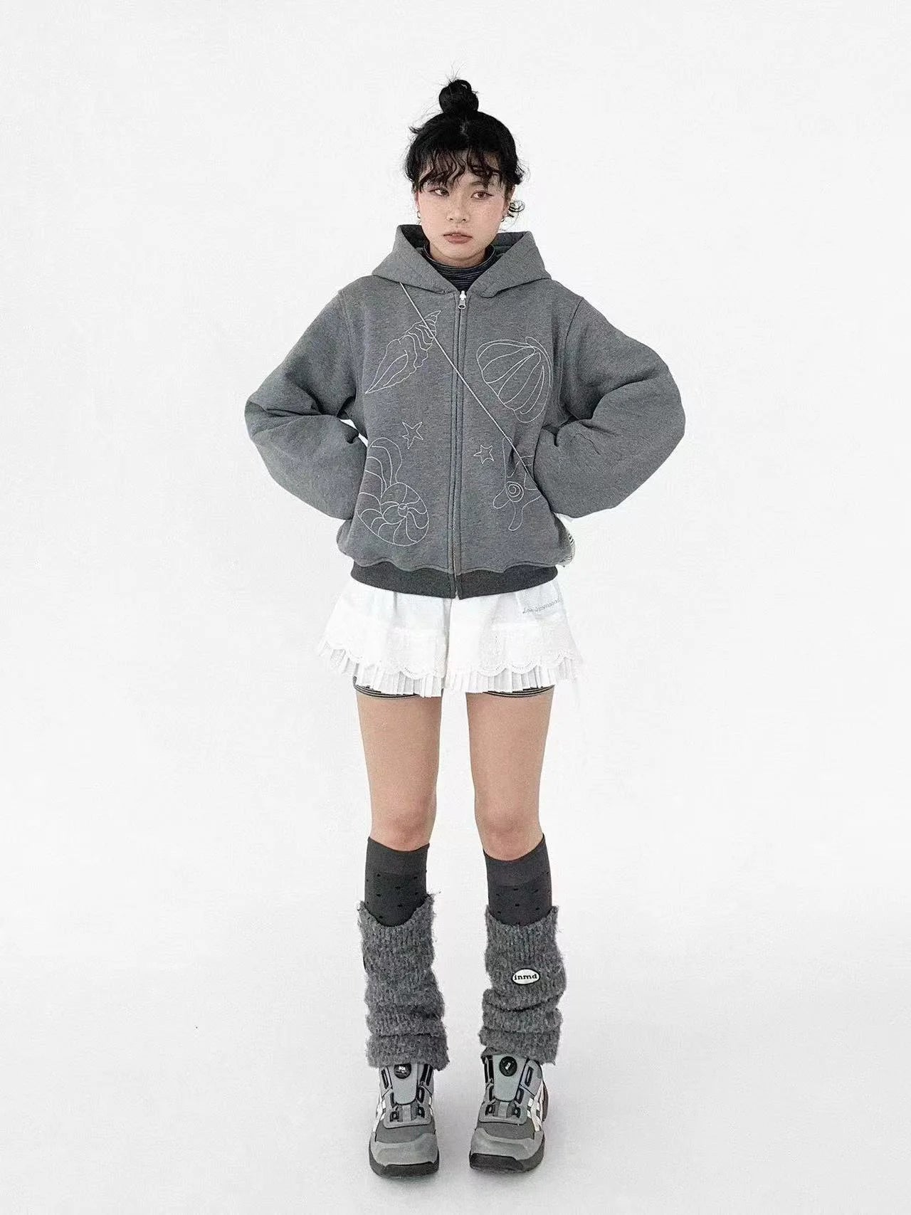 Minimal Embroidered Hooded Zip Cardigan   oliviroa オリヴィオラ