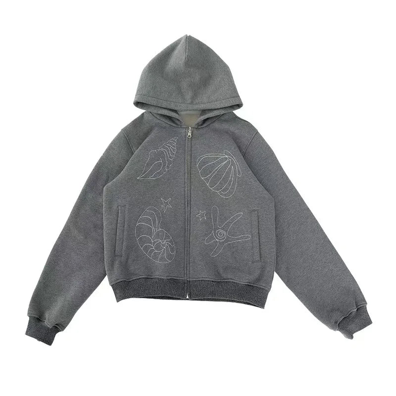 Minimal Embroidered Hooded Zip Cardigan   OL2119