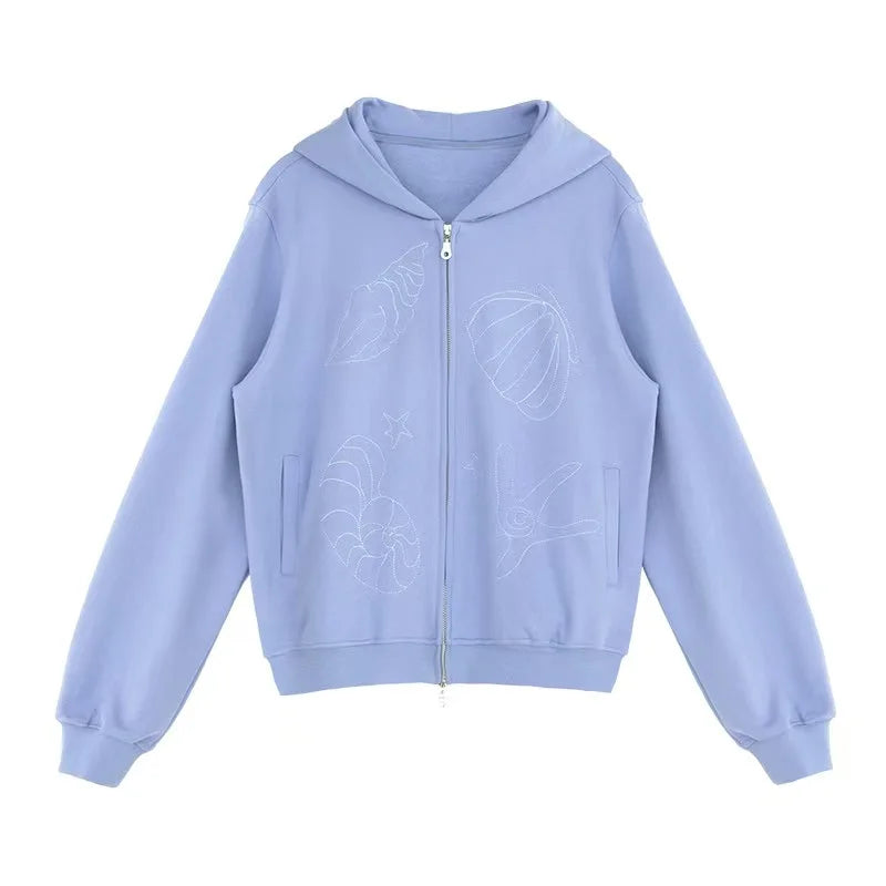 Minimal Embroidered Hooded Zip Cardigan   OL2119