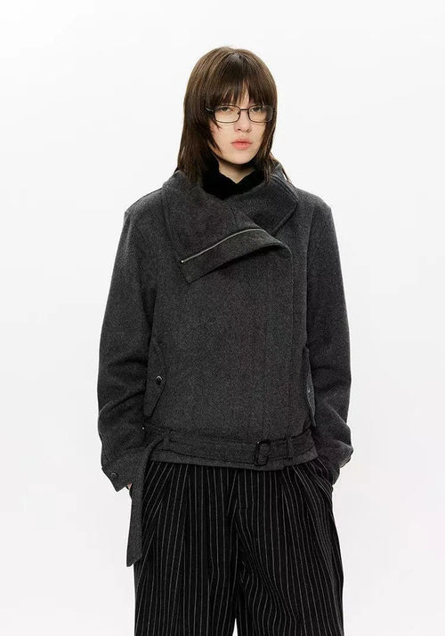 Asymmetric Zip Belted Structured Jacket   oliviroa オリヴィオラ