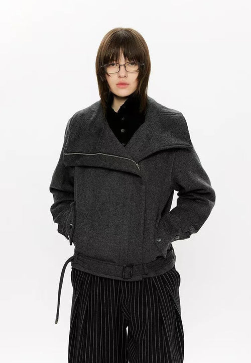 Asymmetric Zip Belted Structured Jacket   oliviroa オリヴィオラ