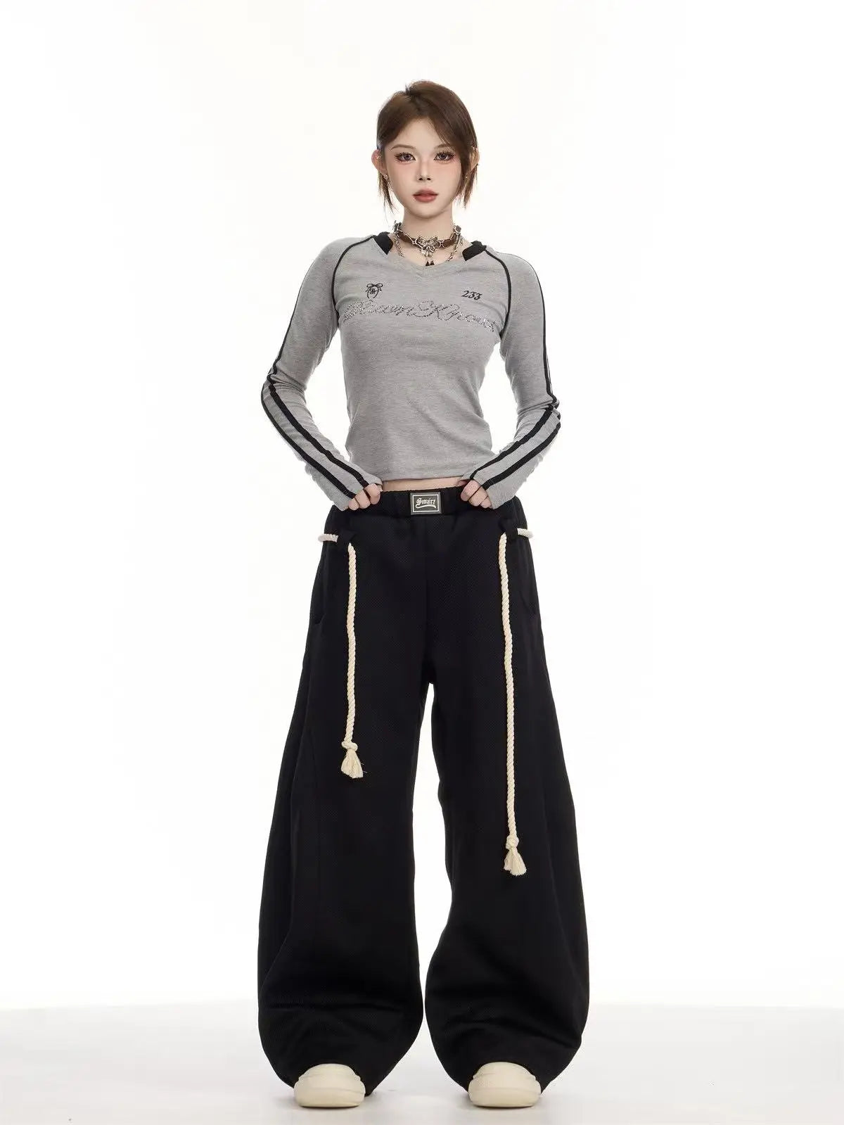 Retro Wide Leg Curved Sweat Pants   OL2123
