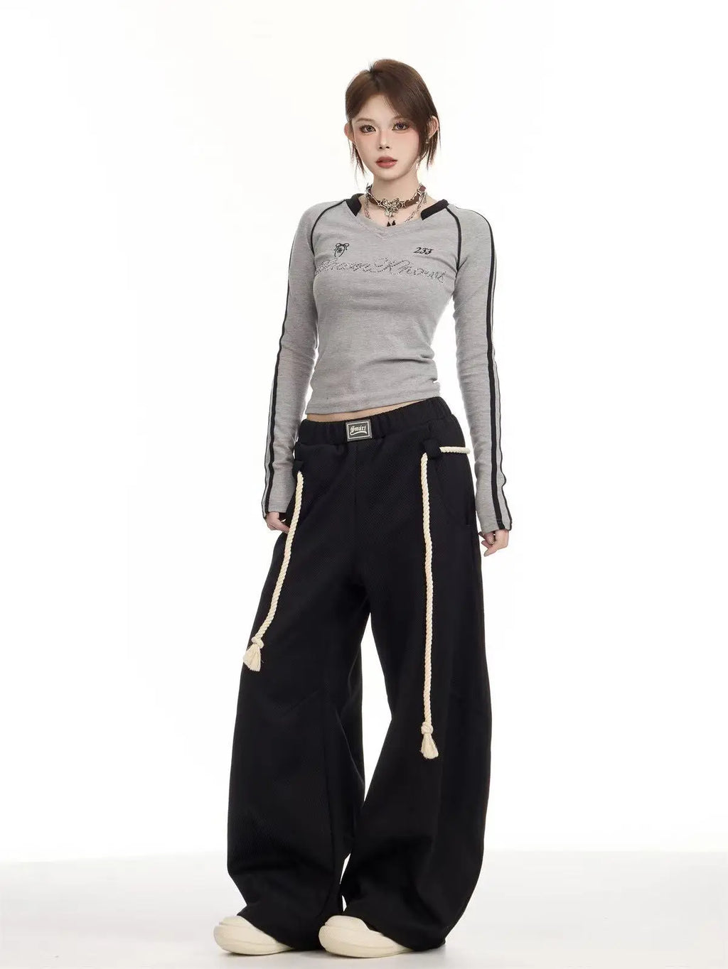 Retro Wide Leg Curved Sweat Pants   OL2123