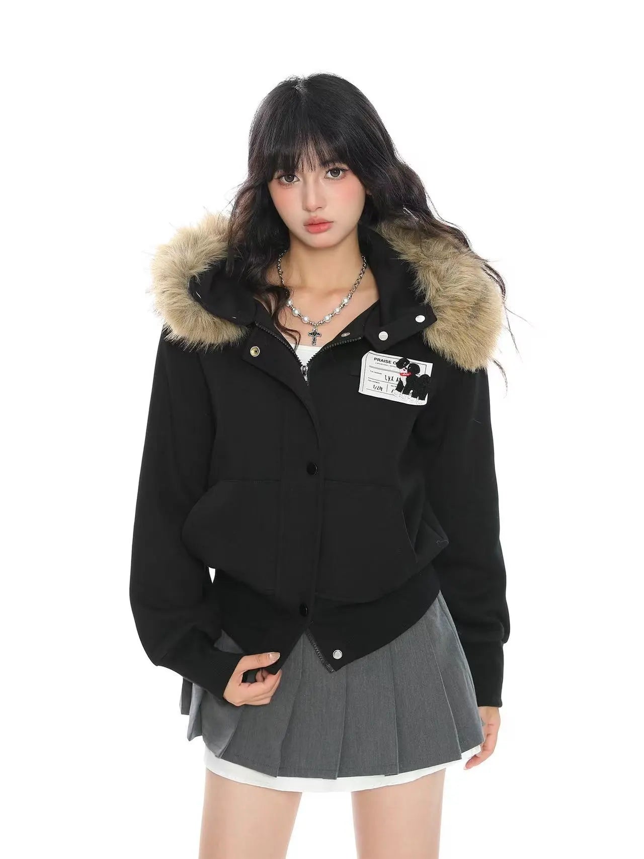 Fur Trim Hooded Cropped Zip Hoodie Jacket   OL2124