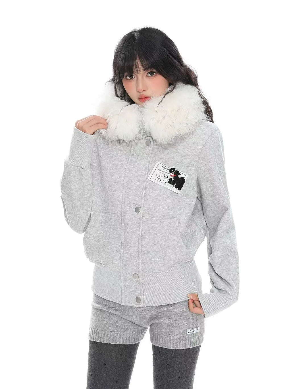 Fur Trim Hooded Cropped Zip Hoodie Jacket   oliviroa オリヴィオラ