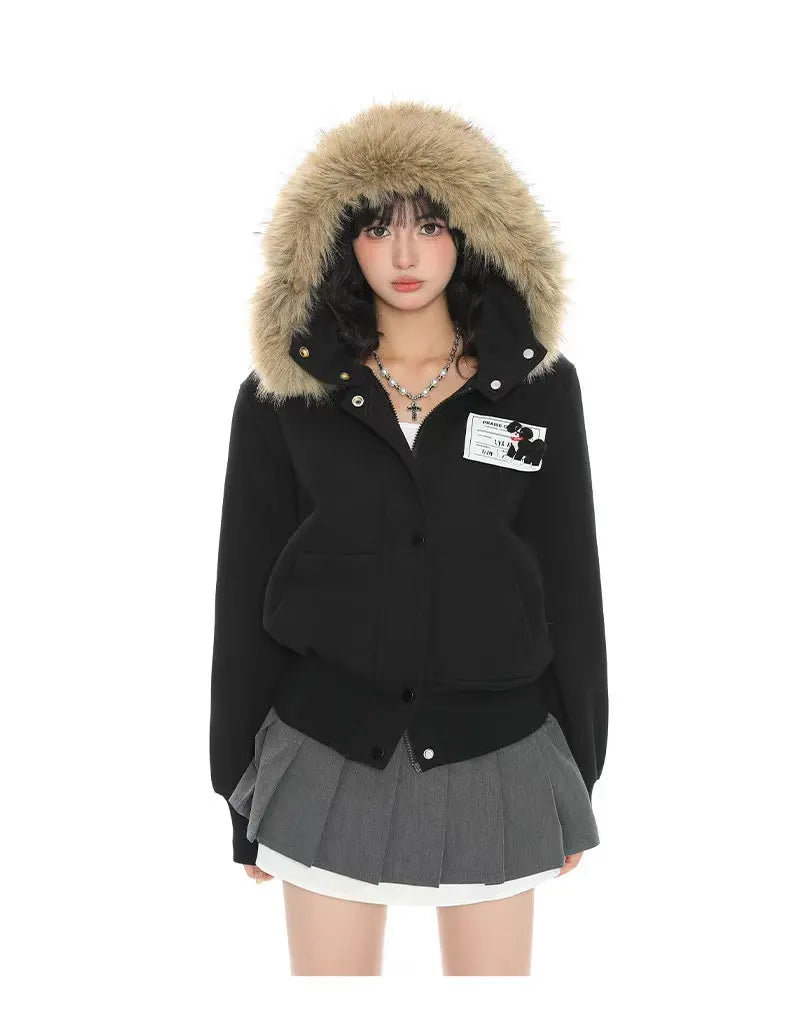 Fur Trim Hooded Cropped Zip Hoodie Jacket   OL2124