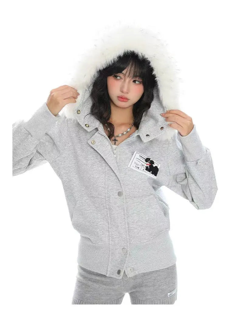Fur Trim Hooded Cropped Zip Hoodie Jacket   oliviroa オリヴィオラ