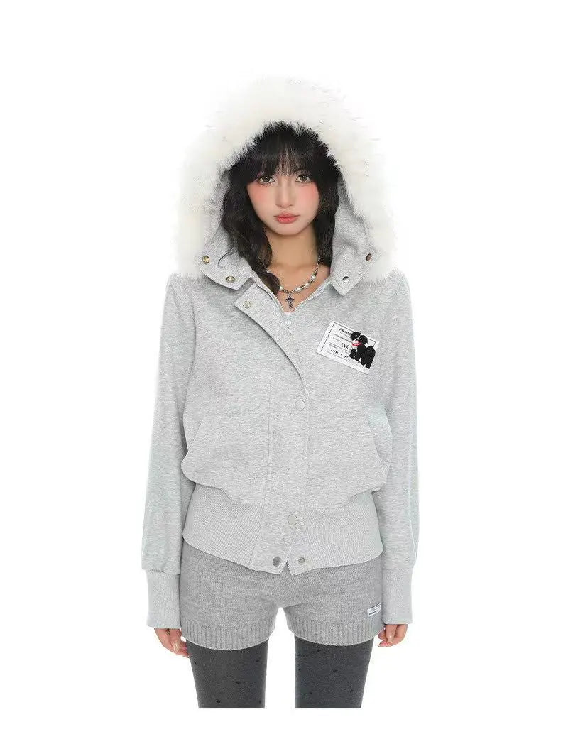 Fur Trim Hooded Cropped Zip Hoodie Jacket   OL2124