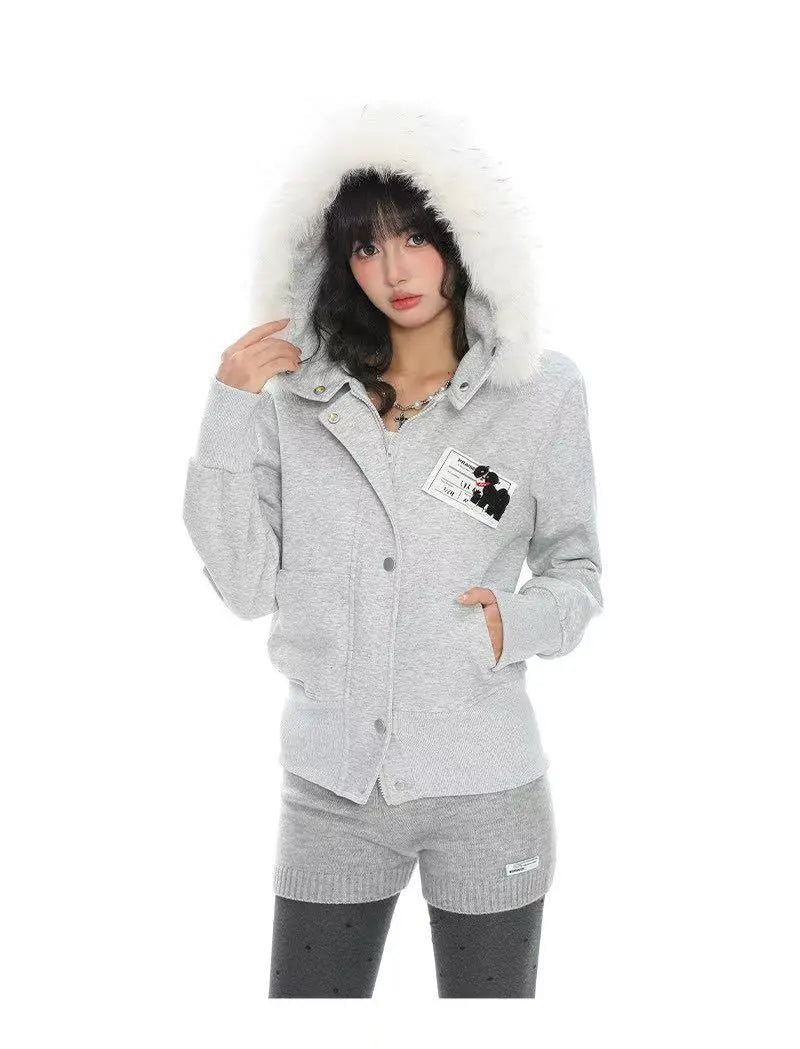 Fur Trim Hooded Cropped Zip Hoodie Jacket   OL2124
