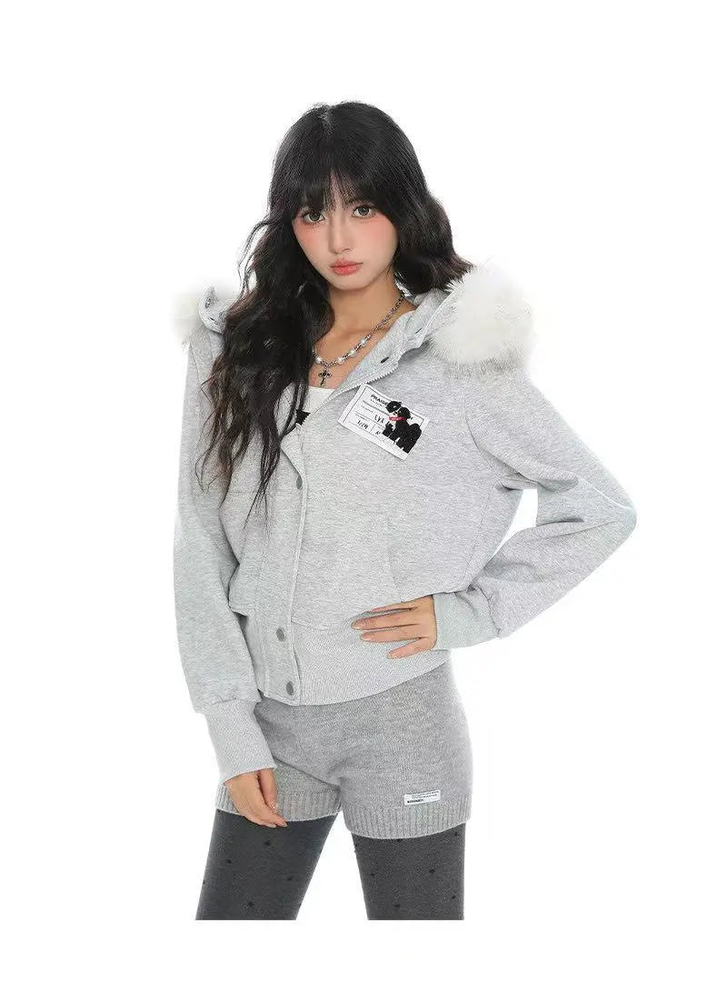 Fur Trim Hooded Cropped Zip Hoodie Jacket   OL2124