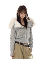 Star Print Faux Fur Hooded Sweatshirt   OL2116