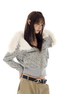 Star Print Faux Fur Hooded Sweatshirt   OL2116