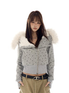 Star Print Faux Fur Hooded Sweatshirt   OL2116