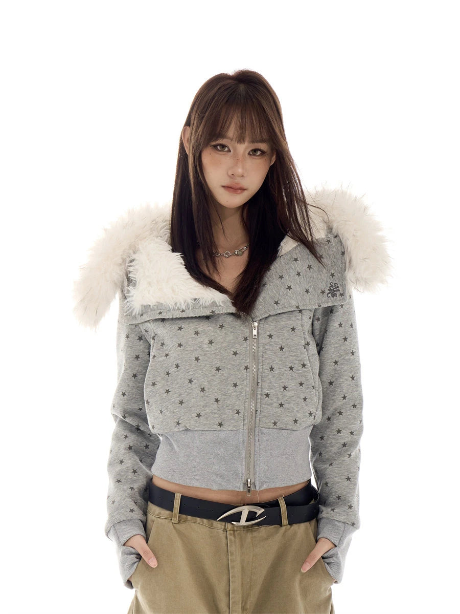 Star Print Faux Fur Hooded Sweatshirt   OL2116