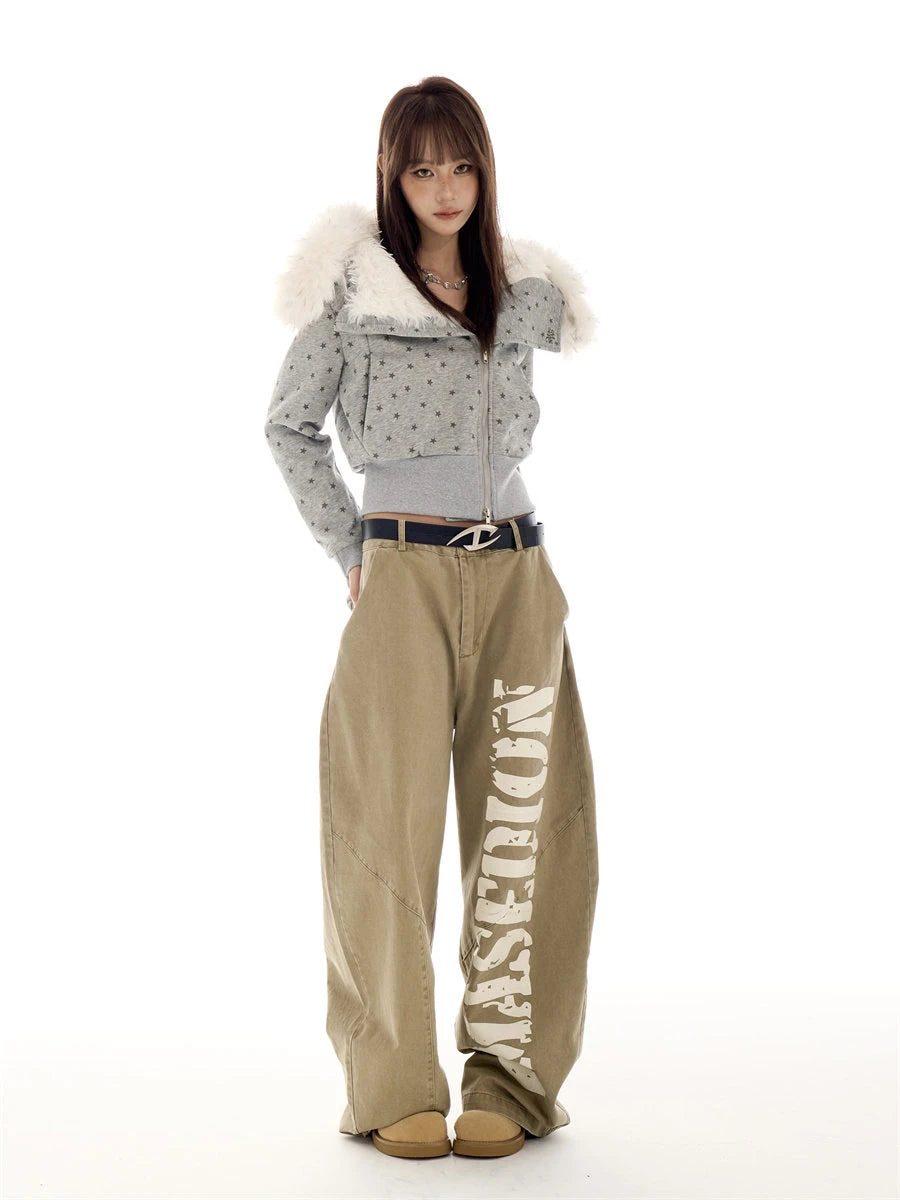 Star Print Faux Fur Hooded Sweatshirt   OL2116