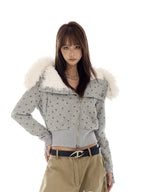 Star Print Faux Fur Hooded Sweatshirt   OL2116