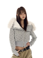 Star Print Faux Fur Hooded Sweatshirt   OL2116