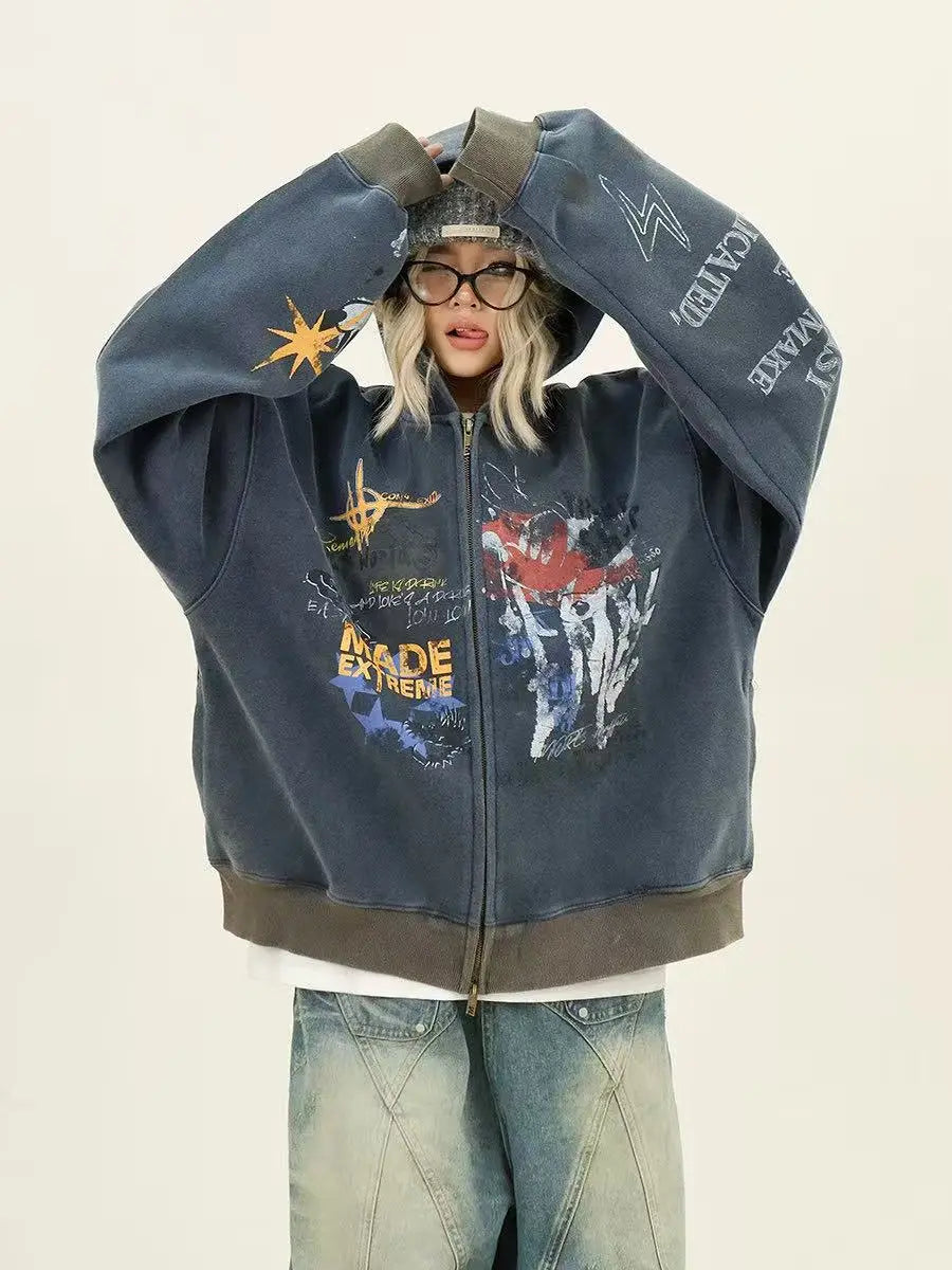 Graffiti Print Zip Hoodie Jacket   oliviroa オリヴィオラ