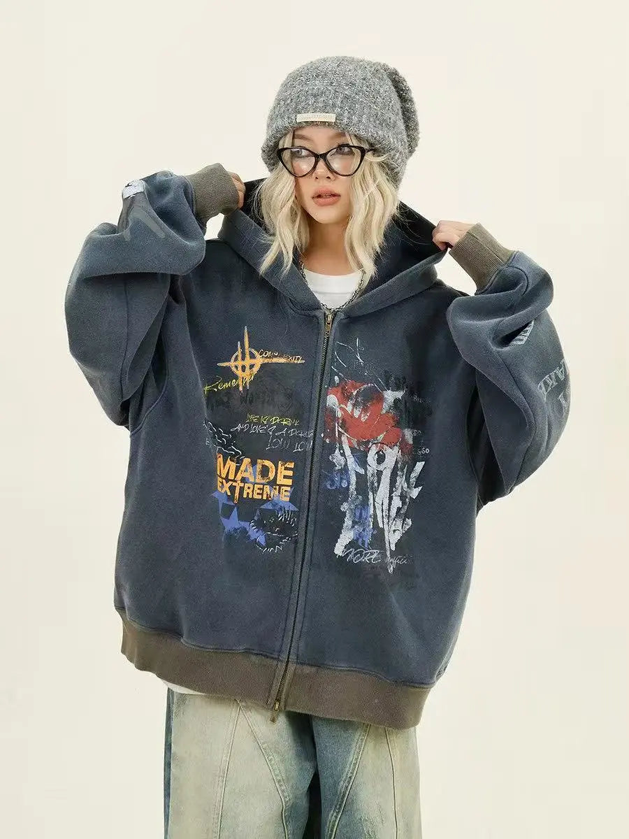 Graffiti Print Zip Hoodie Jacket   oliviroa オリヴィオラ