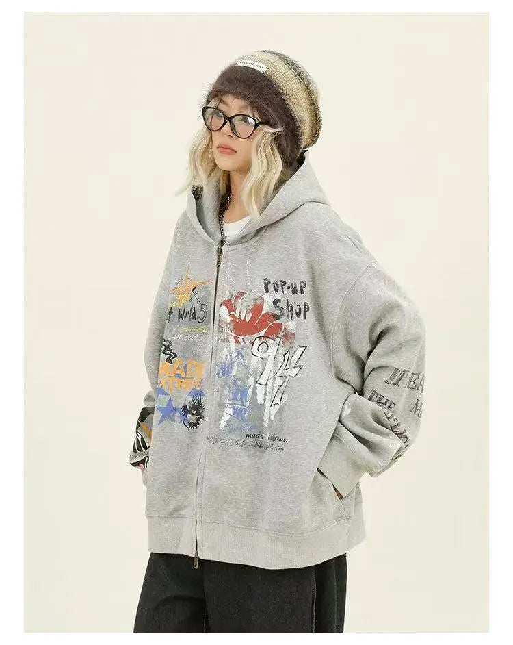 Graffiti Print Zip Hoodie Jacket   OL2127