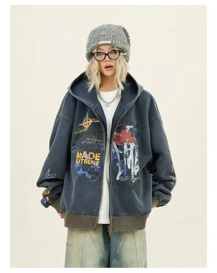 Graffiti Print Zip Hoodie Jacket   OL2127