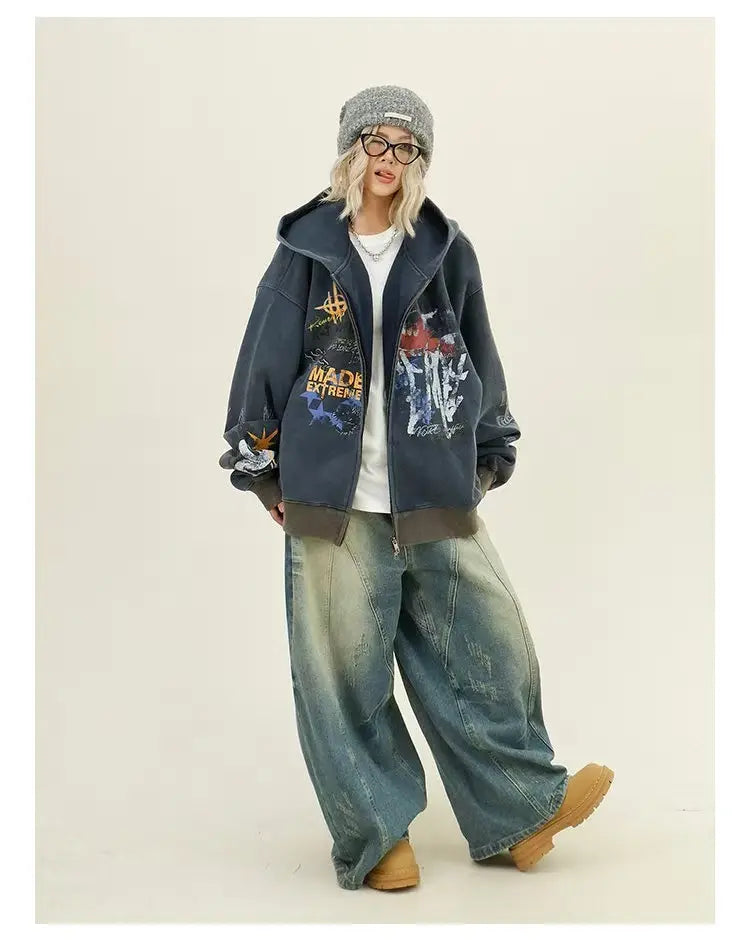 Graffiti Print Zip Hoodie Jacket   OL2127