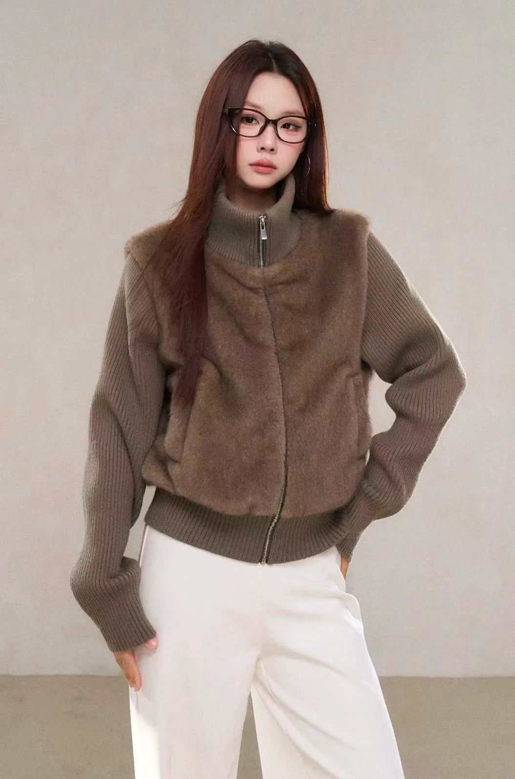 Textured Faux Fur Panel Jacket OL2138