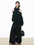 Silver Button Off Shoulder Knit Top OL2143