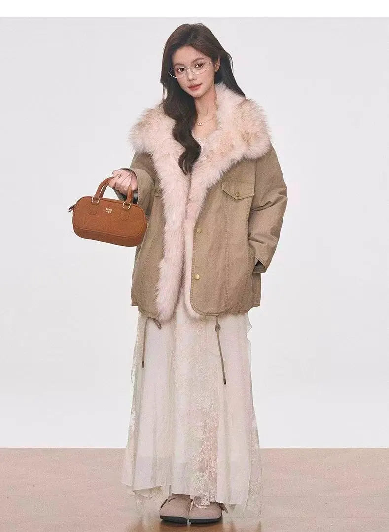 Washed Utility Jacket with Faux Fur Trim   oliviroa オリヴィオラ