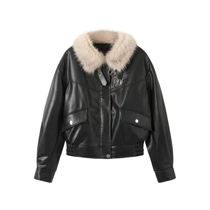 Fur Collar Faux Leather Jacket OL2146
