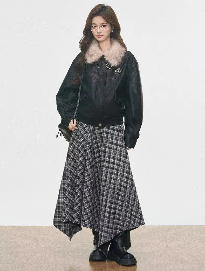 Fur Collar Faux Leather Jacket   oliviroa オリヴィオラ