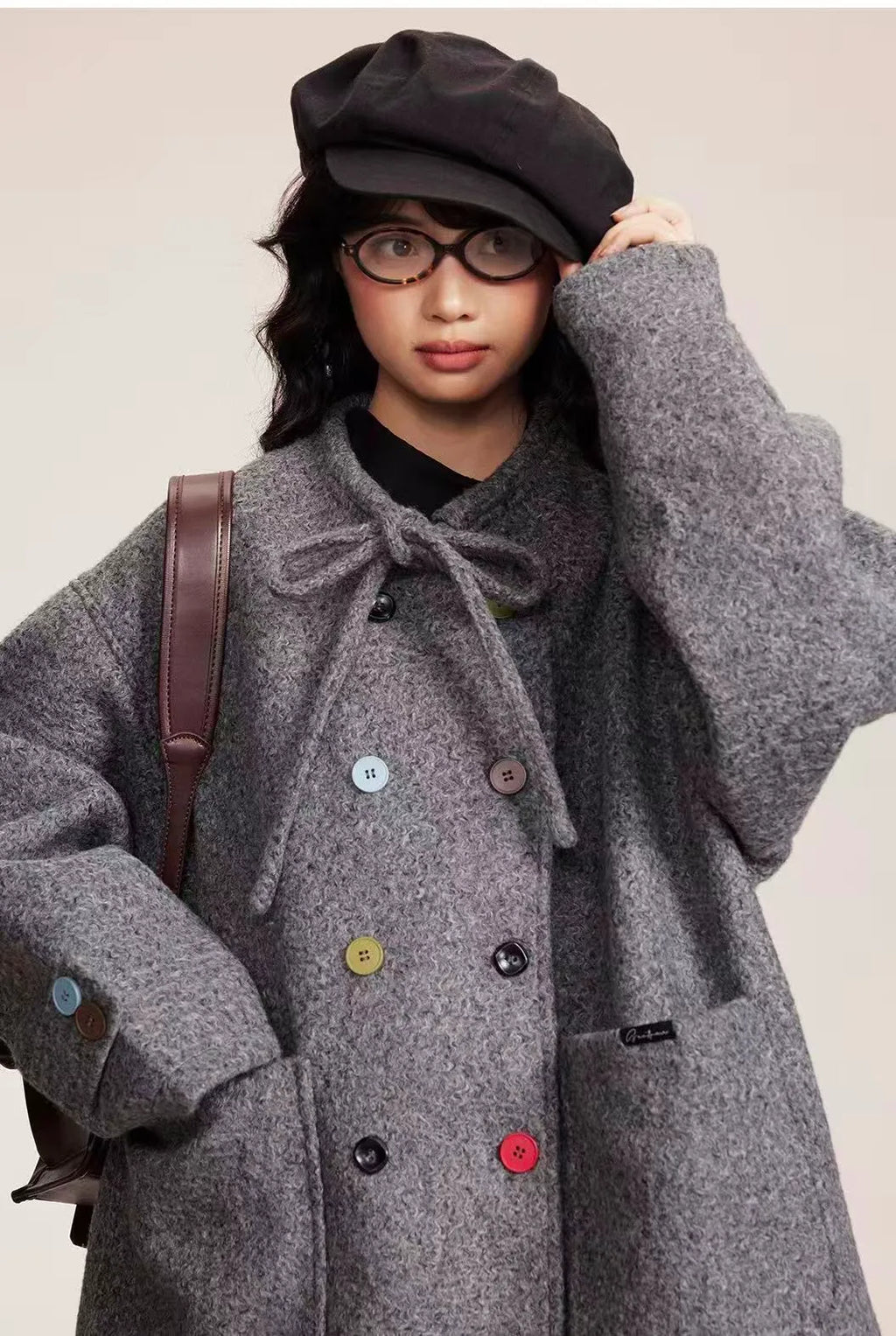 Tie Belt Double Button Collarless Coat OL2147