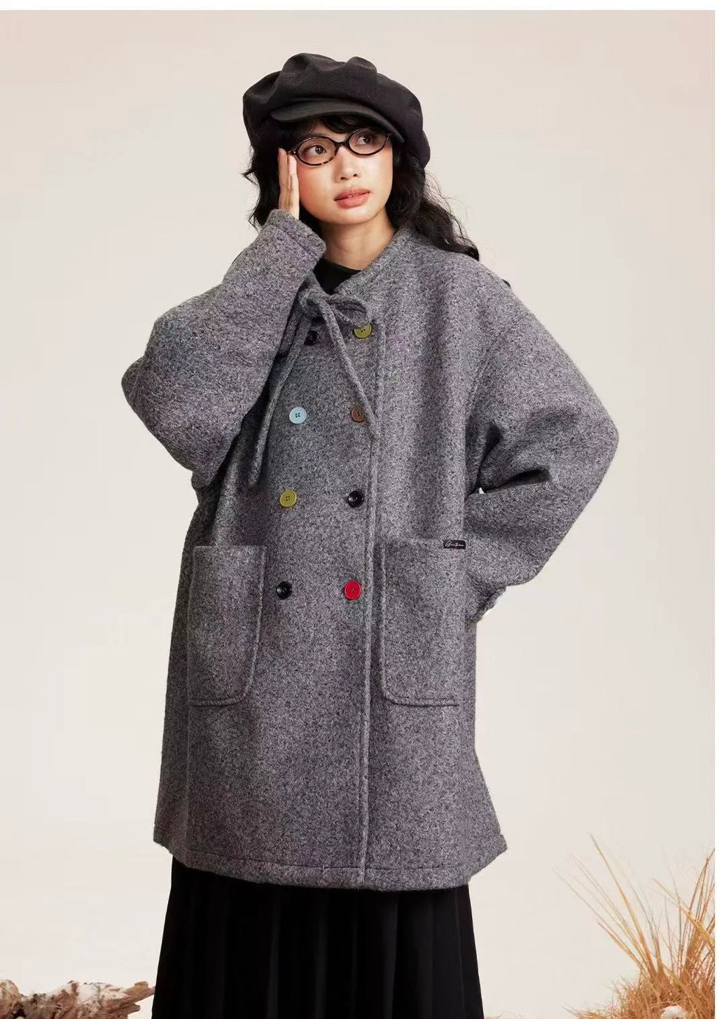 Tie Belt Double Button Collarless Coat   oliviroa オリヴィオラ