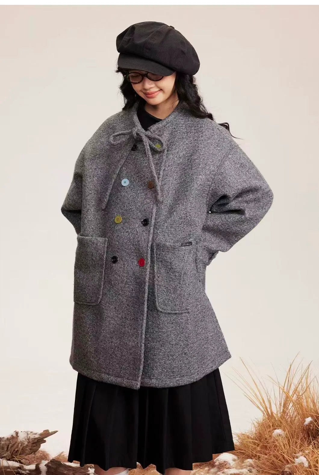 Tie Belt Double Button Collarless Coat OL2147